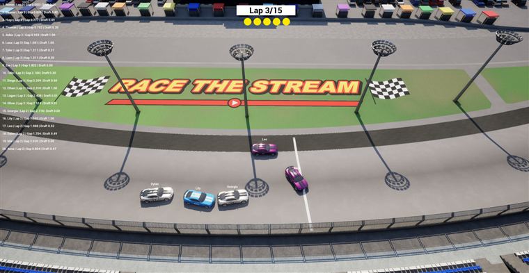Yellow caution lights on, with a wrecked car spun on the start line