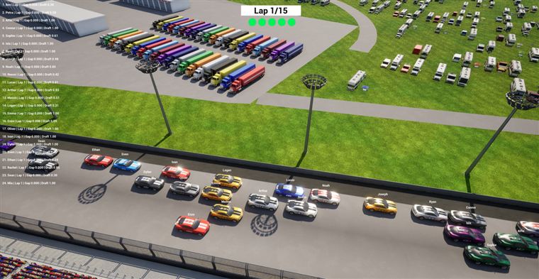24 cars racing three and four wide, each with a viewer's name above it
