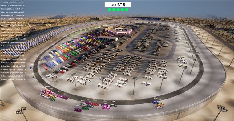 An overview of a tri-oval track at sunset, with haulers and RVs in the infield
